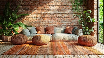 A cozy, modern living room decorated in Scandinavian style with sunlight pouring in through oversized windows.