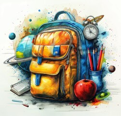 Colorful Artistic Backpack Design with School Supplies and Space Theme Illustration on White Background, Kids Education Theme