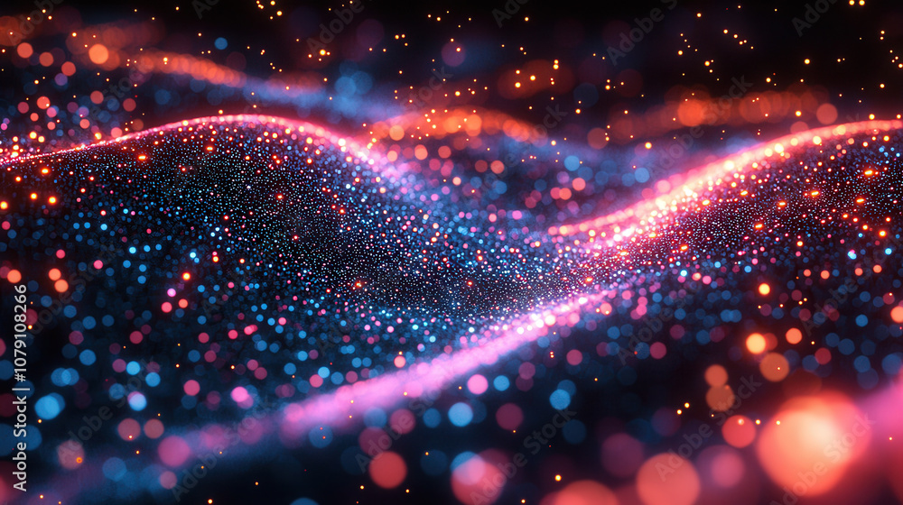 Poster vibrant abstract background with glowing particles in blue and pink hues, creating mesmerizing wave 