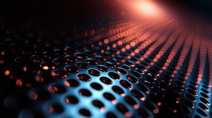 Fototapeta premium Dark abstract background with metallic texture, featuring circular patterns and glowing highlights. interplay of light and shadow creates dynamic visual effect