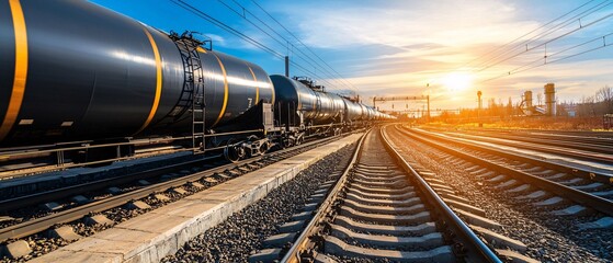 Obraz premium An industrial scene capturing oil tankers on train tracks at sunset, highlighting the transportation of goods and the beauty of rail infrastructure.