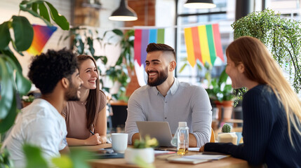 Celebrating Diversity and Inclusion on LGBT Pride Day in a Vibrant Office Space With Joyful Colleagues
