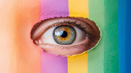 A Curious Eye Peers Through a Vibrant Hole in a Rainbow Wall, Inviting Exploration of Vivid Colors and Hidden Worlds Beyond