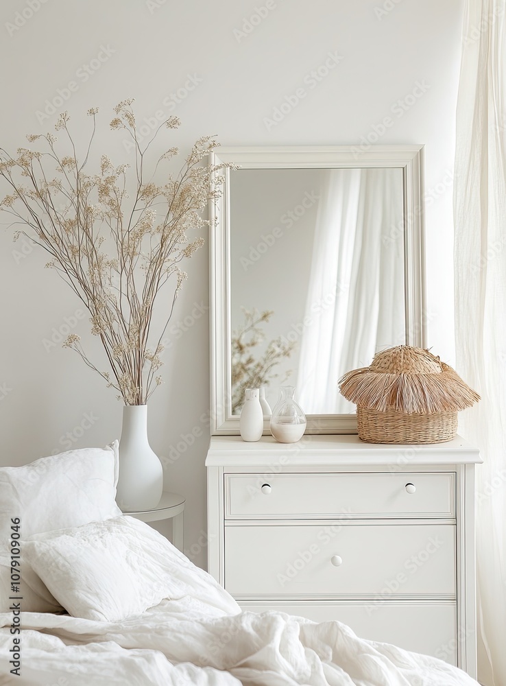 Poster a white modern chest of drawers with an empty picture frame on the wall above it. a mockup picture f