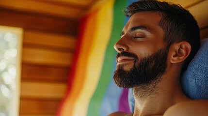 Relaxing Moments in a Modern Sauna With Handsome Men and Vibrant LGBT Rainbow Flag Adding Color and Pride to the Atmosphere