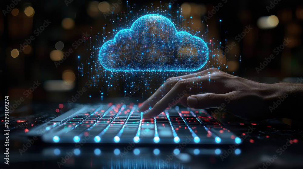 Aufkleber hand on keyboard with holographic cloud above, symbolizing digital technology and data storage. scen