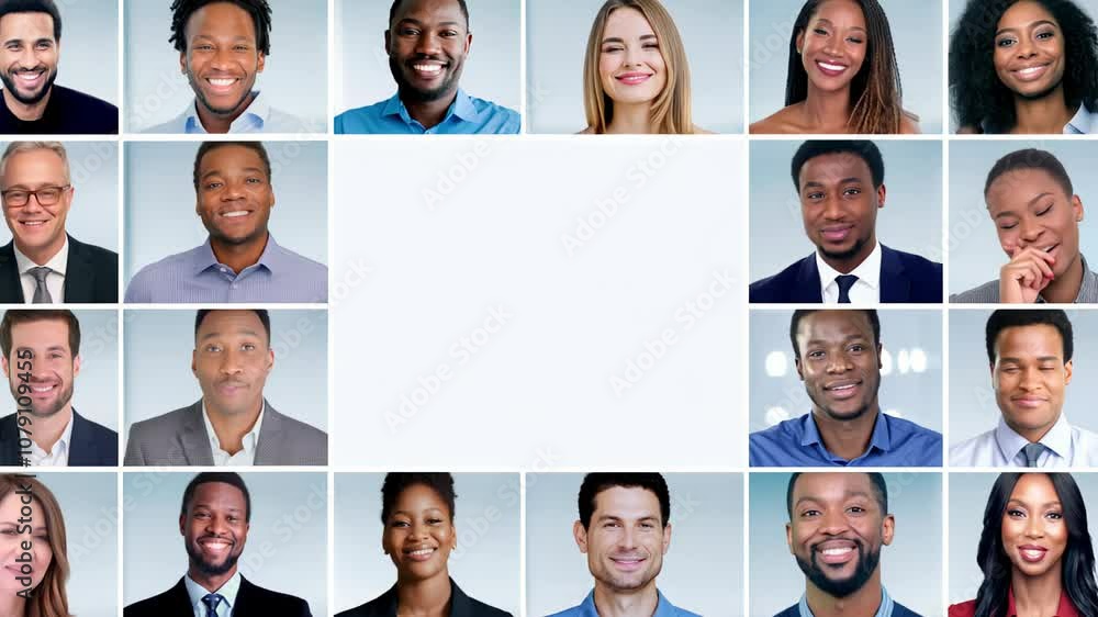 Aufkleber diverse team members in a virtual grid surrounding a central blank space, symbolizing unity and coll