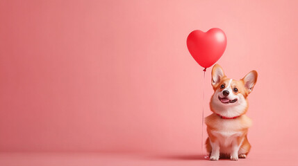 Happy corgi with a heart-shaped balloon in a playful pink setting