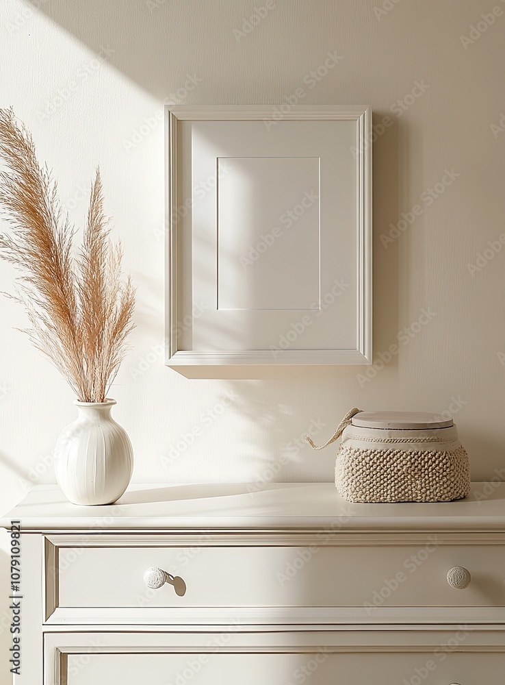 Poster a white modern chest of drawers with an empty picture frame on the wall above it. a mockup picture f