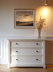 A white modern chest of drawers with an empty picture frame on the wall above it. a mockup picture frame hanging on it