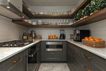 empty of  Grey kitchen set with shelves and appliances, marble floor , isolated on white background,  , copy space, copy space for text,