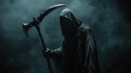 Grim reaper with scythe. Halloween theme poster.