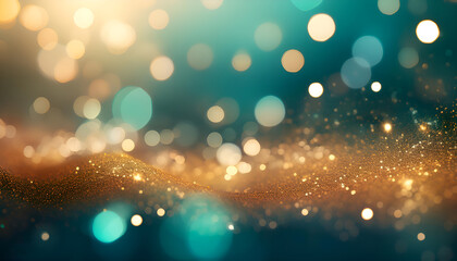 A vibrant display of abstract bokeh lights with a blend of golden and teal hues, creating a festive and magical atmosphere. Perfect for holiday backgrounds and celebratory projects.
