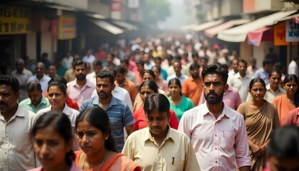 Crowd of blurred Indian men and women walking on a busy India city street