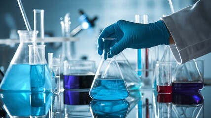 Scientist Handling Flask with Blue Solution in Laboratory Setting

