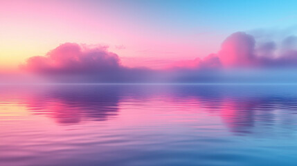 serene landscape featuring soft gradient background with smooth transitions of pink and blue hues reflecting on calm water. tranquil scene evokes sense of peace and beauty