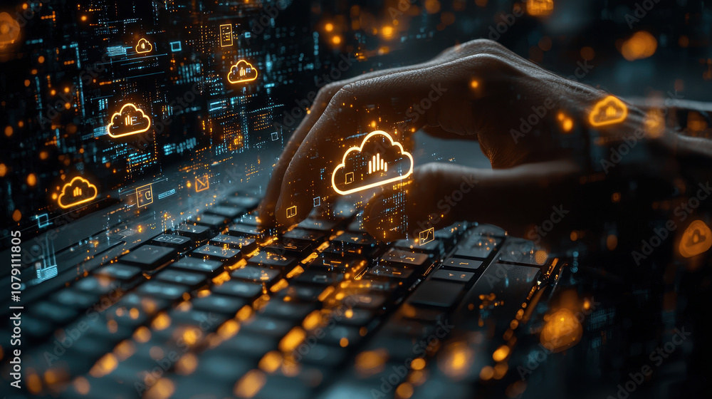Poster close up of hand typing on keyboard with digital cloud icons and data visualizations, symbolizing te