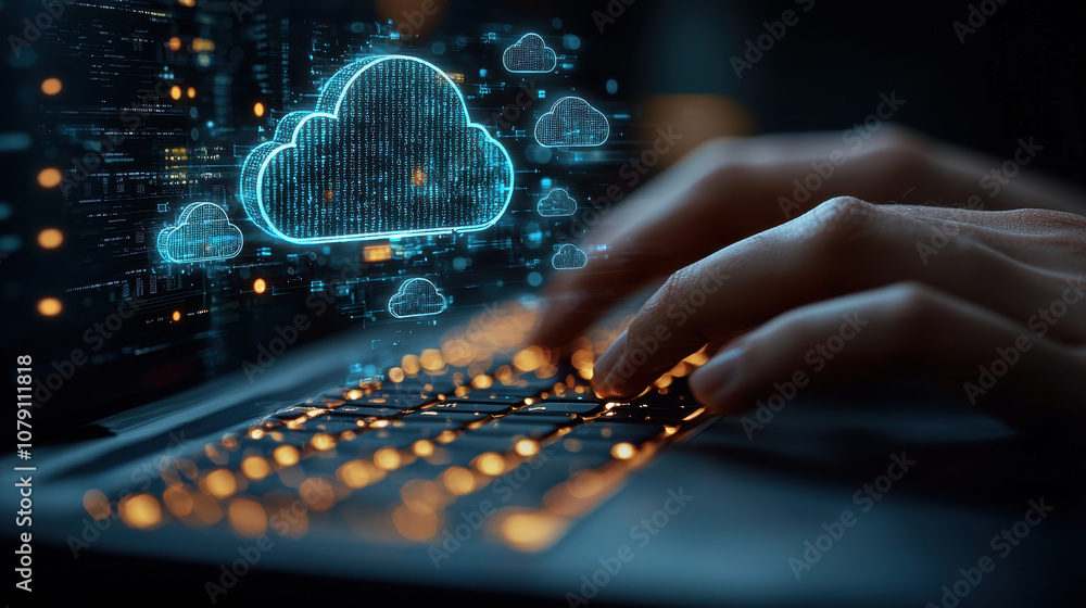 Poster close up of hand typing on keyboard with digital cloud graphics, representing data transfer and tech