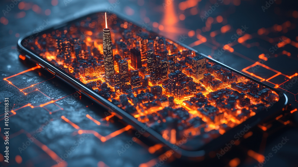 Poster close up of smartphone displaying vibrant cityscape with glowing lights, showcasing futuristic urban
