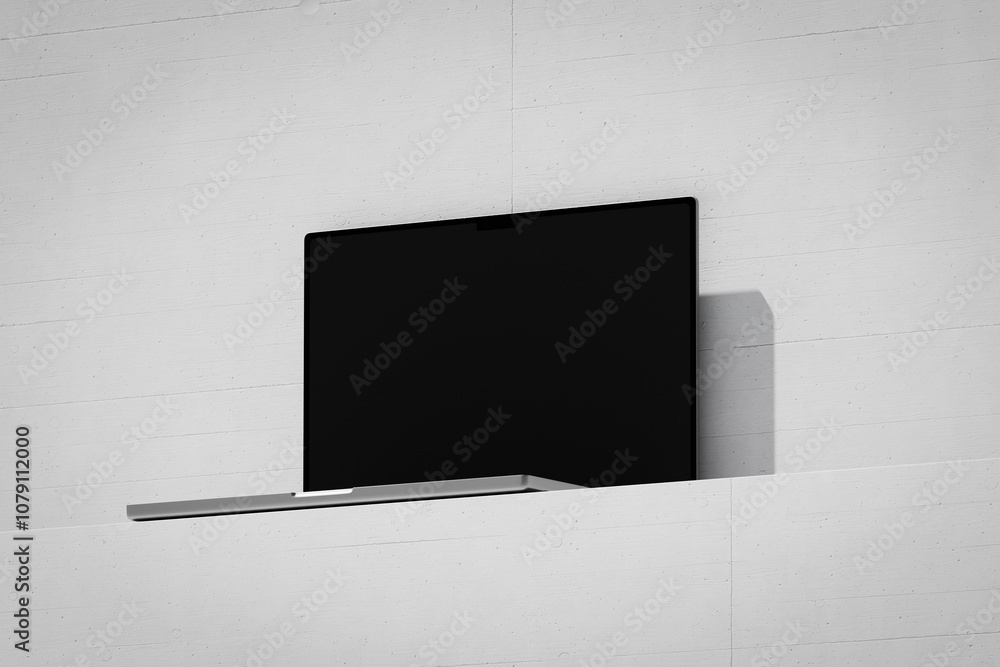 Wall mural scene with an open laptop with a blank screen on a concrete background