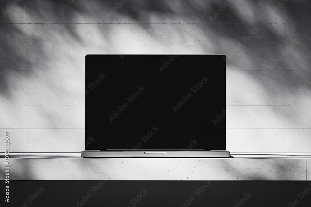 Wall mural scene with an open laptop with a blank screen on a concrete background