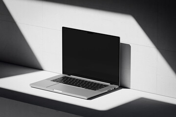 Scene with an open laptop with a blank screen on a concrete background