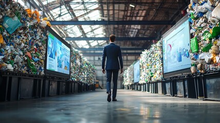 Businessman Navigating a Recycling Plant with Digital Displays Tracking Waste to Resource Transformation
