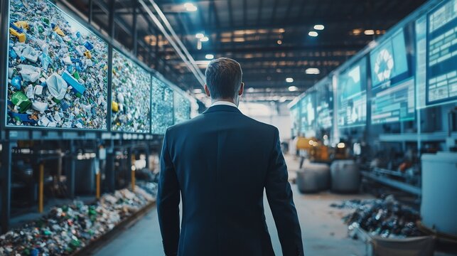 Businessman Navigating Recycling Plant with Digital Displays Showcasing Waste to Material Transformation