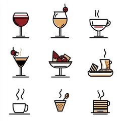 Elegant Food and Drink Icons with Refined Line Work and Color Accents