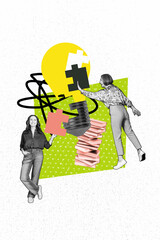Composite trend artwork sketch collage of team two aged woman work together colleagues book student...