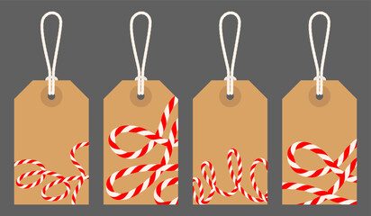 Empty blank  festive craft Christmas New Year tag with bow and ribbons for sale. Kraft paper background, textbox tied up with cotton red rope bakers twine. Packing string for present. Vector EPS10