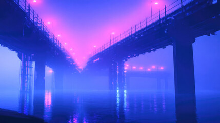 Futuristic bridge silhouette illuminated by neon lights in a cyberpunk atmosphere at night