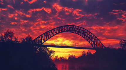 Naklejka premium Steel arch bridge silhouetted against a vibrant sunset sky with fiery colors at dusk