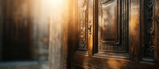 Close view of an antique wooden door with intricate carvings inviting a sense of mystery and history