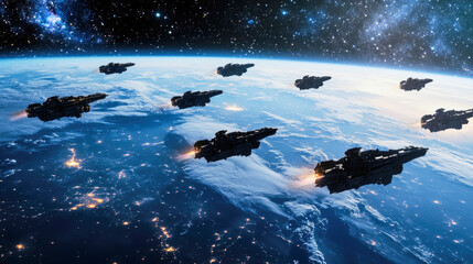 Multiple spaceship silhouettes entering Earth's atmosphere under a starry sky
