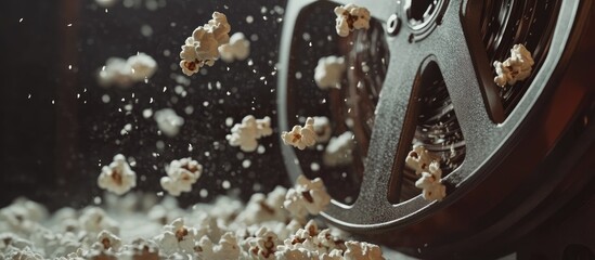 Cinema themed background featuring scattered popcorn kernels and a vintage film reel ideal for movie nights and events