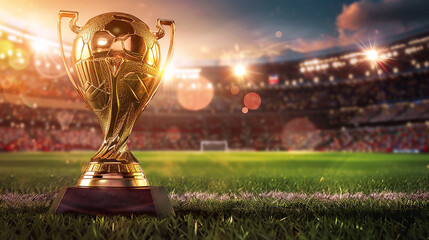 World cup trophy on soccer field in stadium background