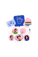 Composite trend artwork sketch image photo collage of team group bubble head young lady man friends music cup book student education