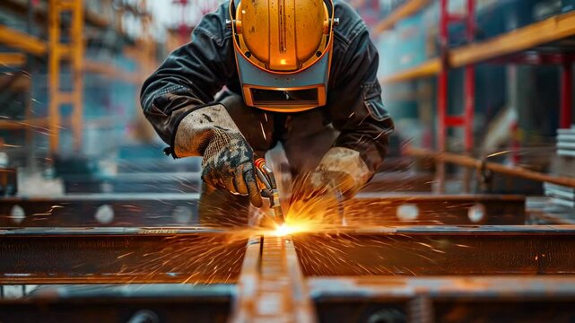 A worker wearing a protective helmet welding metal, creating sparks in a busy industrial environment.