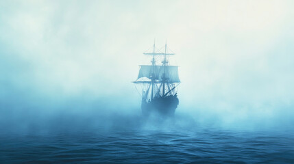 Fototapeta premium Eerie ghost ship silhouette emerges through thick fog on a mysterious ocean