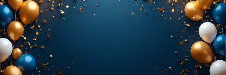 A Luxurious Festive Blue Background with Golden and Light Blue Balloons and gold Confetti. Perfect for Creating Expensive Invitations, Congratulation Cards and Premium Designs.