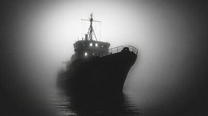 Obraz premium Ghostly ship silhouette gliding through a foggy ocean at dusk, creating an eerie atmosphere