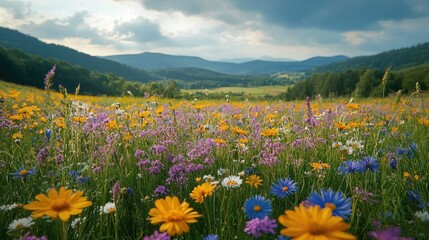 Obraz premium Beautiful wildflower meadow with mountains in the background under a cloudy sky