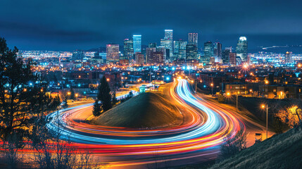 Fototapeta premium Vibrant city skyline at night with colorful light trails from flowing traffic