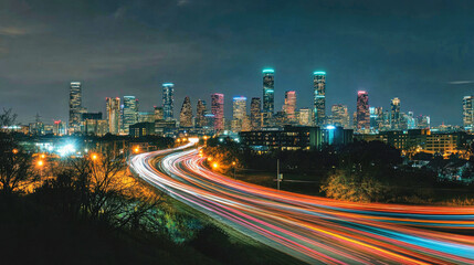 Fototapeta premium Vibrant city skyline at night with colorful light trails and long exposure traffic effects