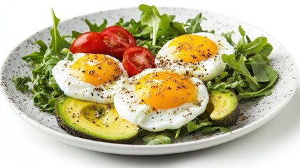 poached eggs with avocado and greens, minimalistic plate, healthy breakfast concept, isolated on white background