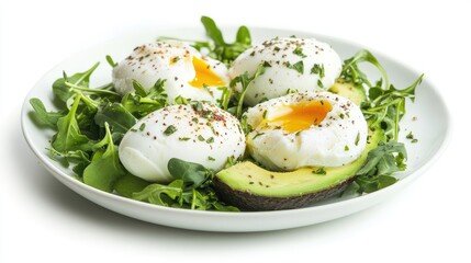 poached eggs with avocado and greens, minimalistic plate, healthy breakfast concept, isolated on white background