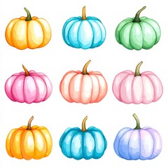 Colorful, stylized pumpkins in various hues displayed on a white background, ideal for autumn-themed designs, seasonal marketing, or decorative purposes, Perfect for cards, posters, or patterns,