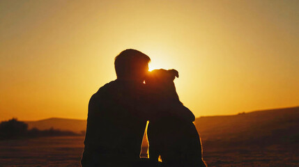 A man embraces his dog in silhouette against a vibrant sunset glow in a warm atmosphere