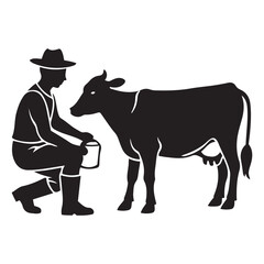 Farmer milking a cow silhouette vector art black color design and solid white background 